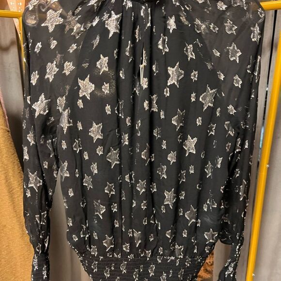 Ramy Brook Stassi Silk Blend Metallic Star Print Mock Neck Blouse - Picture 7 of 10